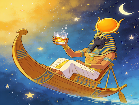 Cartoon: Egyptian god Ra with a Pharoah's mask with a gold disk on top sits in a canoe in the sky and holds a glass of scotch on the rocks