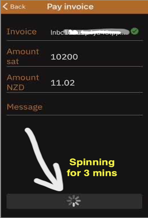 Screenshot of Blixt app showing payment of an invoice with a spinning spokes-of-wheel icon, and the annotation 'waiting 3 mins'.
