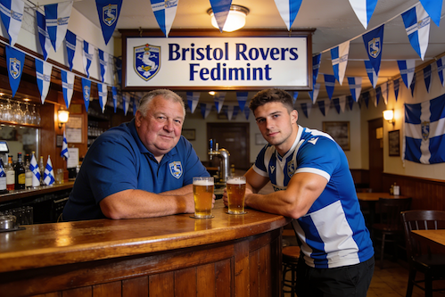 A 60-something man and a muscular young man lean on a bar in an English pub; there is Bristol Rovers items on the wall and the sign hanging on the wall states 'Bristol Rovers Fedimint'.