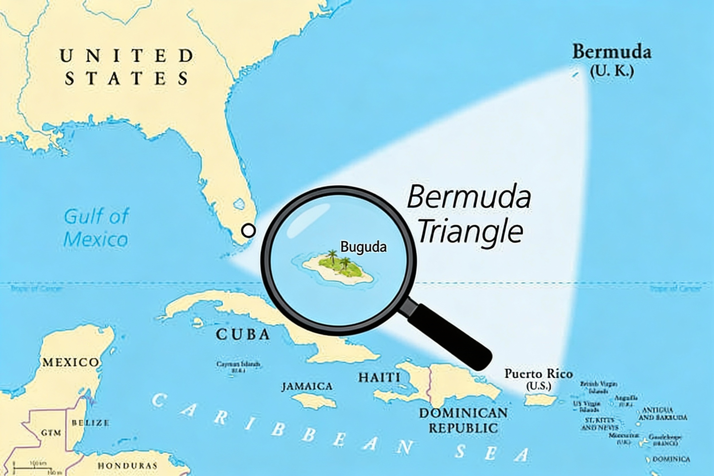 a map shows the area off the coast of Florida, USA called the 'Bermuda Triangle', and a magnifying glass enlarges a little island labelled 'Buguda'