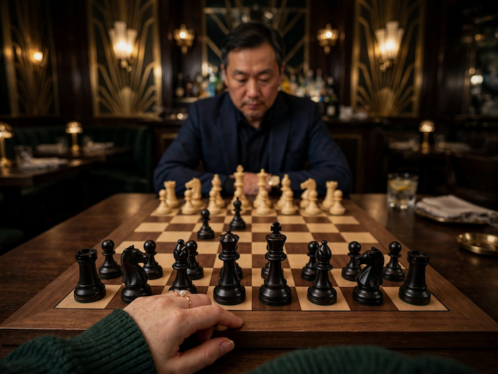 A POV of a female chess player playing a middle-aged Han Chinese businessman in an upmarket, art deco bar; she is employing Owen's Defense