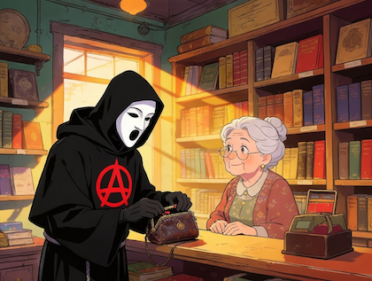 A cypherpunk monk dressed in a black robe with a red Anarchy symbol on it and a white Greek Chorus mask looks in his old fashioned purse, standing in a book shop, at the counter, while a sweet old lady waits patiently.