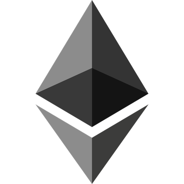 The Ethereum and ether logo, a grey octohedron