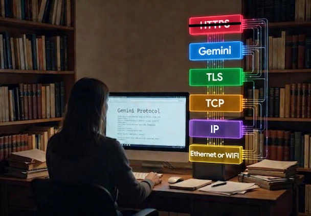 A slim lady with long brown, straight hair sits in a dark study at a computer, while a pictorial diagram shows the networking stack of the data flowing into her computer: at the top is HTTPS, but it is struckthrough; next down is 'Gemini'; then 'TLS'; then 'TCP'; then 'IP'; then 'Ethernet or WiFi'.