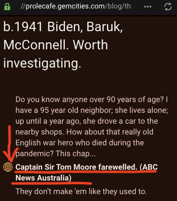 Screenshot of a gemsite page in Lagrange browser, with a hyperlink on its own line and underlined in red.  The gemsite page talks about people over 90, like the british war hero, being better people. who died during the Covid pandemic