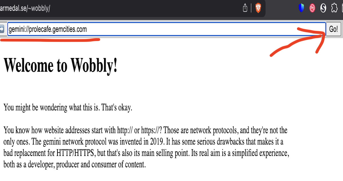 Screenshot of website with Gemini Protocol gateway, with the gemsite, gemini://prolecafe.gemcities.com/ underlined and an arrow pointing at the 'go' button to the right.