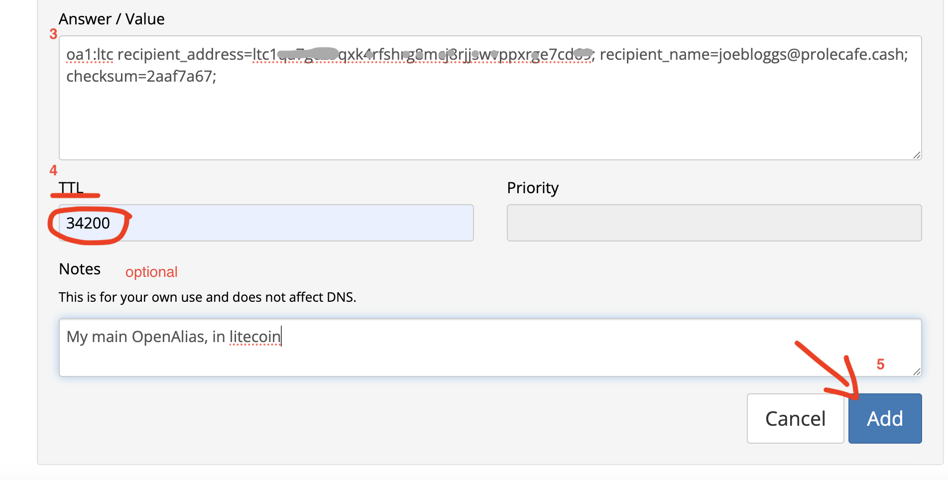 example of adding OpenAlias record when adding DNS record