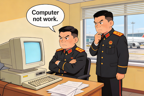 A cartoon: Two chinese officials in communist uniforms stand near an old computer.  They look worried.  One says: 'Computer not work'.  Out of the window of the small office, there is an airport runway.