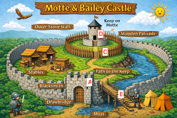 A pictorial diagram of a Motte and Bailey style castle, in a childrens' book style.  There is an outer stone wall, and the entrance gate is labelled 'A'; there is also a narrow rope bridge over a moat near the main entrance, guarded by a soldier, labelled 'B'; inside, there are stables and a path leading up to the hill, the motte, with a palisade around the motte, and the entrance to the motte is labelled 'C'; finally, there is the Bailey, a stone tower, and it is labelled 'D'.