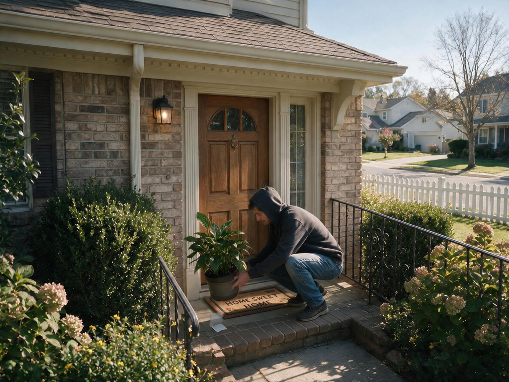 A man in a hoodie and jeans looks under a pot plant, thus finding a note, beside a suburban front door.