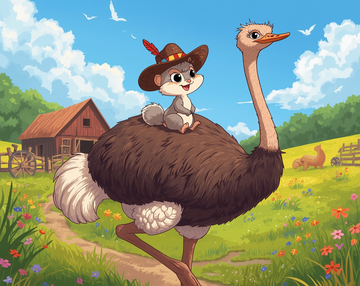 Peanut the Squirrel rides an ostrich with a farm in the background, depicted in the style of a 1960s Warner Bros cartoon