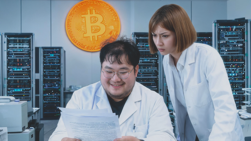 Two white-coated scientists are in a room with a lot of rack servers in the background.  The one, a chubby, untidy man with glasses and thinning black hair, smiles as he looks at test results.  A Japanese-looking female scientist with a 'Bob' hairstyle looks over the man's shoulder in worry.  In the background, on the wall, is a big model of an orange bitcoin.