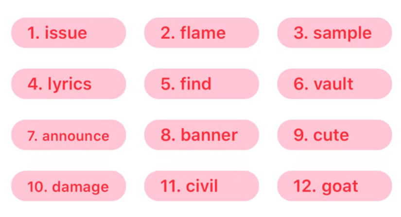 A typical 12 word seed phrase word list, in 3 columns.