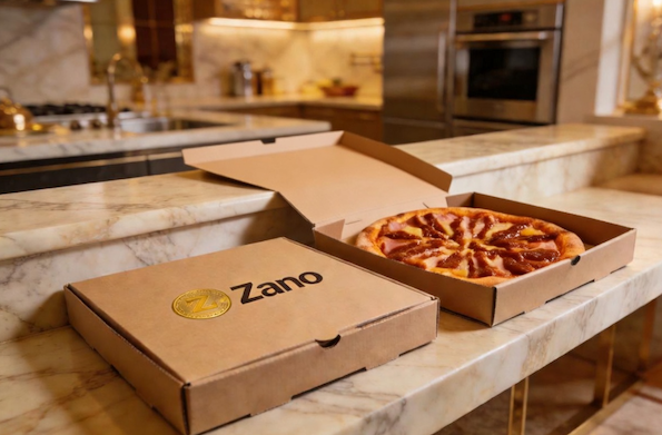 Two pizza boxes lie on the bench of a wealthy kitchen, one closed, one open; the closed box has the Zano (crypto) logo, and the open box shows a ham and pineapple pizza with chipotle sauce.